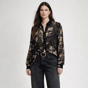 Vintage Y2K Eva Blue Whimsigoth Top Black Gold Floral Beaded SHEER Blouse 16